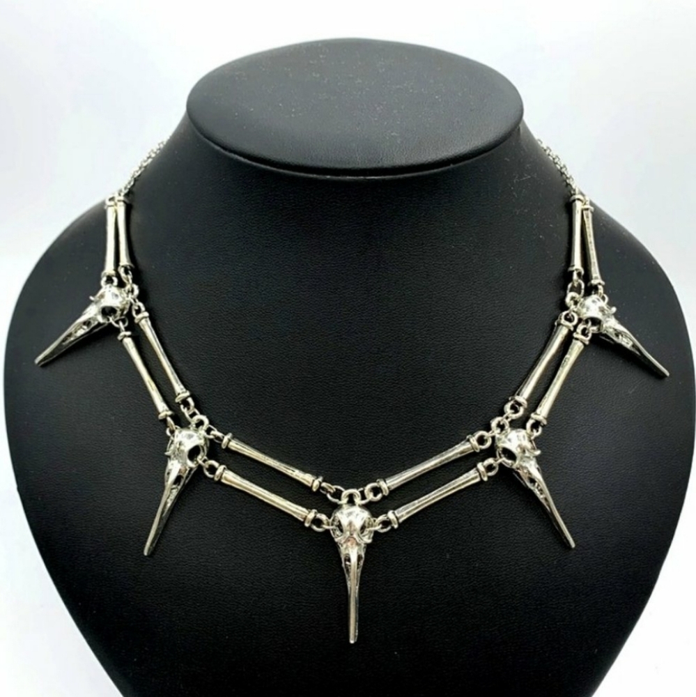 Gothic Silver Bird Skull & Bones Necklace